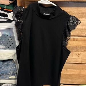 Express Women's Black Top with Lace Sleeves